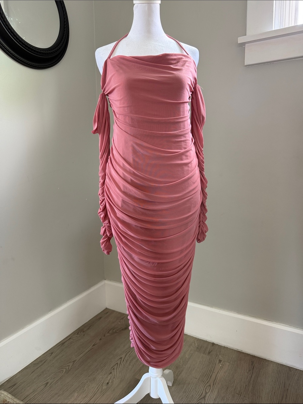Blush Pink Ruched Long-Sleeved Halter-Neck Maternity Midi Dress